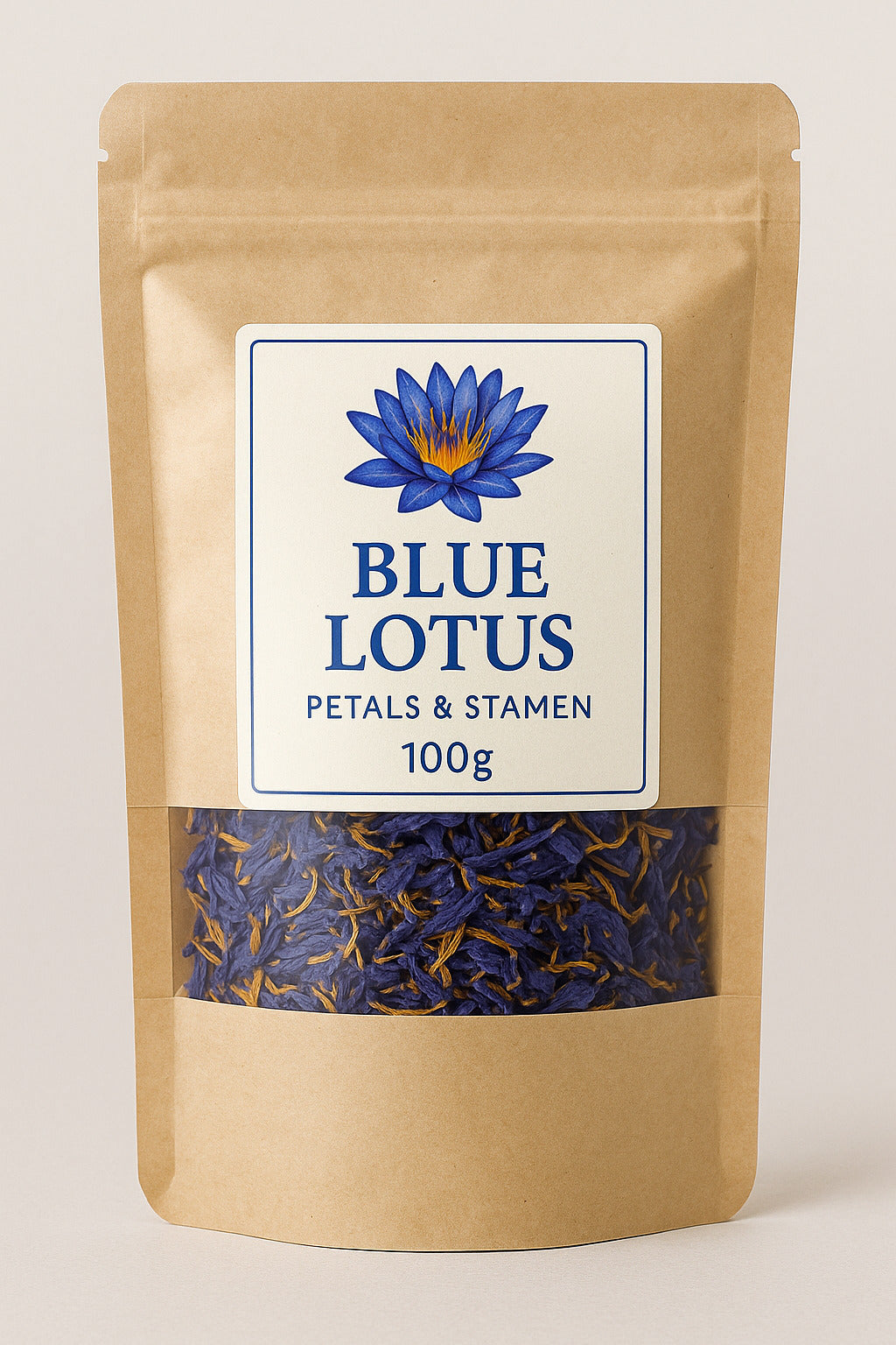 Kraft paper packaging of Blue Lotus petals and stamen with a blue flower illustration on a white background. 100g bags