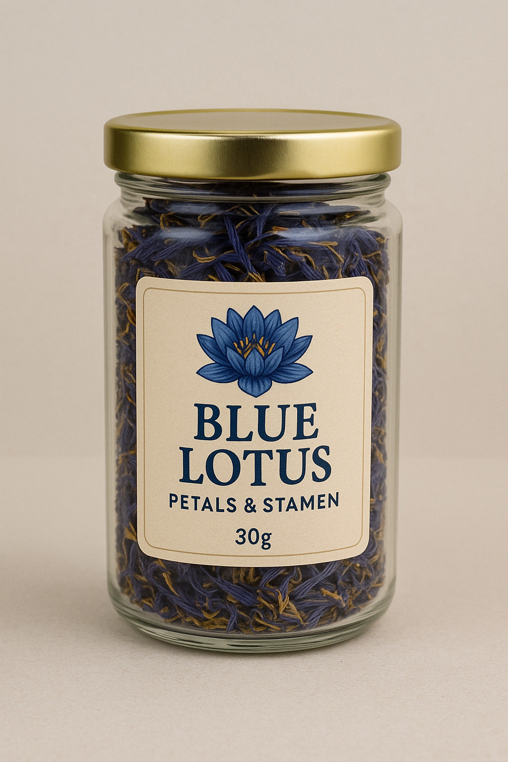 Jar of Blue Lotus petals and stamen with a gold lid on a beige background 30g jar or tub