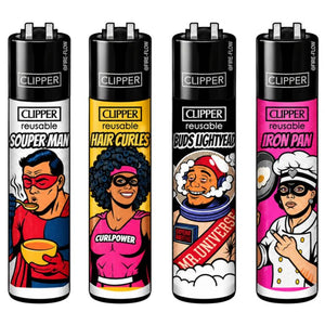 Clipper Classic Large Everyday Heroes Collection refillable lighter featuring four comic-inspired designs.