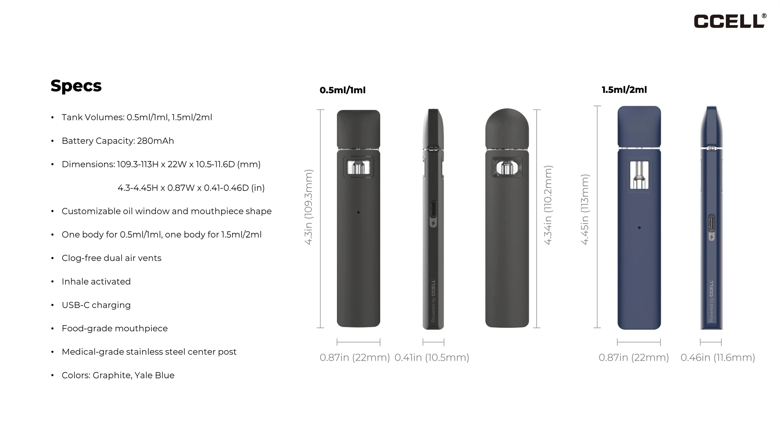 CCELL® Flex empty disposable -  0.5ml, 1ml, 1.5ml, and 2ml capacities specs