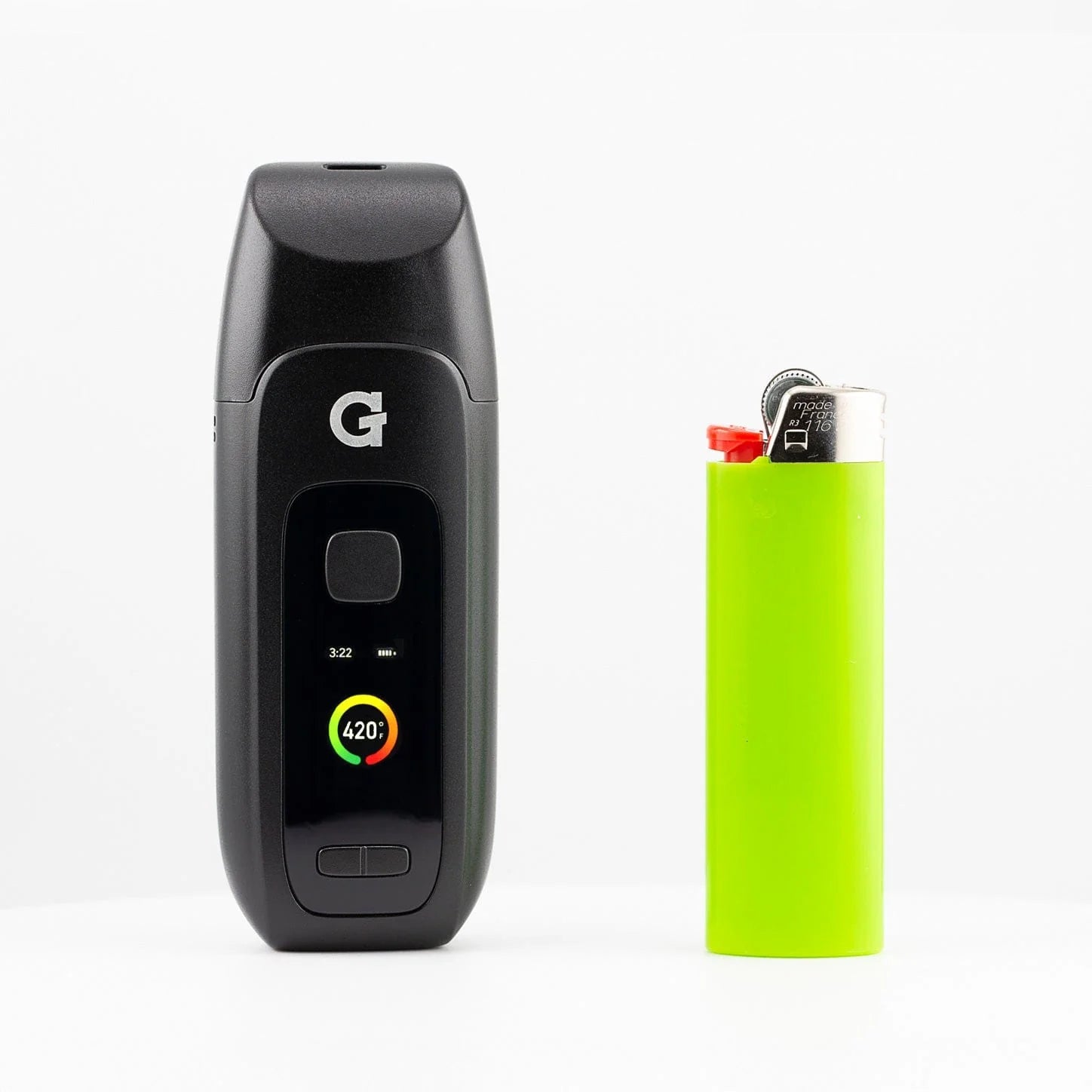 G Pen Dash+ portable vaporizer size comparison beside lighter