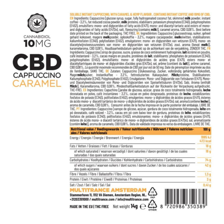 Haze Instant Cappuccino 10mg CBD (10 Sachets) Caramel ingredients list
