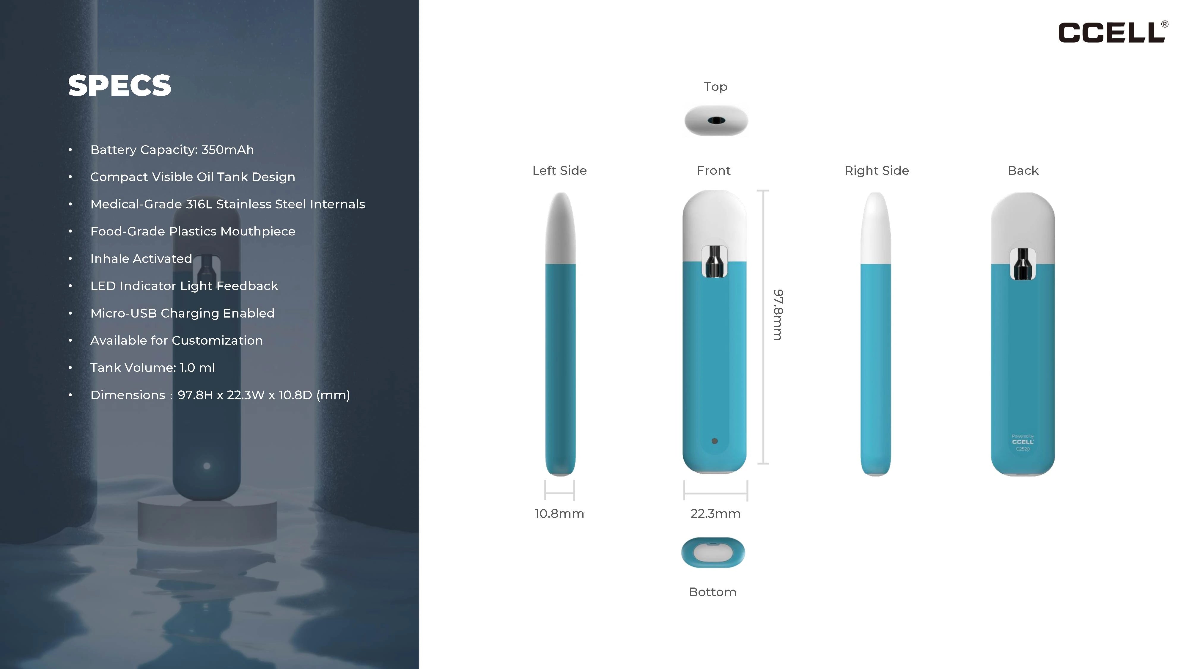 CCELL Listo 1ml - Black - (Empty) Ready To Fill Vape Pen specs