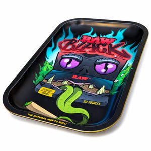 RAW black monster rolling tray side view raised edges durable metal tray medium size