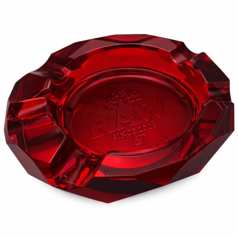 RAW heavy glass ashtray ruby red close up premium smoking accessory durable design