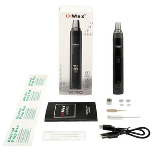 XMAX V4 Pro vaporizer kit contents including device USB-C cable dosing capsule and cleaning tools