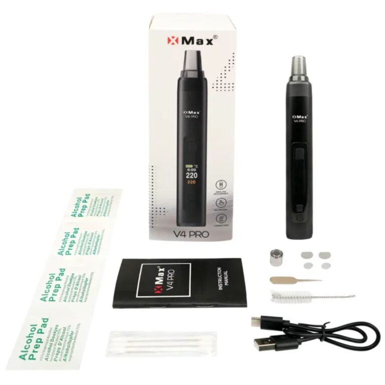 XMAX V4 Pro vaporizer kit contents including device USB-C cable dosing capsule and cleaning tools