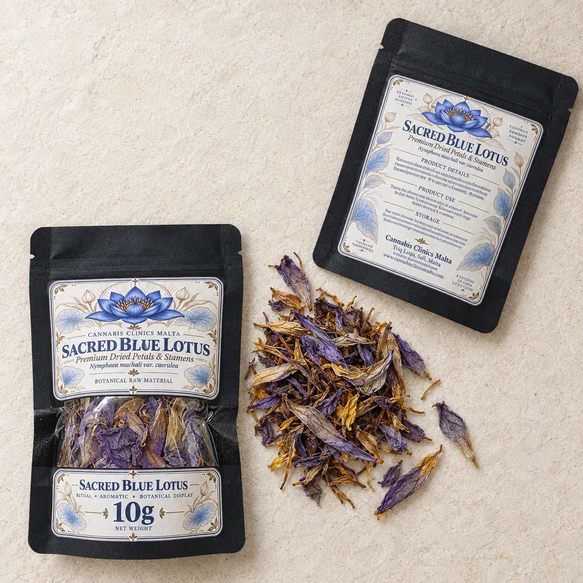 10g Sacred Blue Lotus pouch with loose dried petals and stamens
