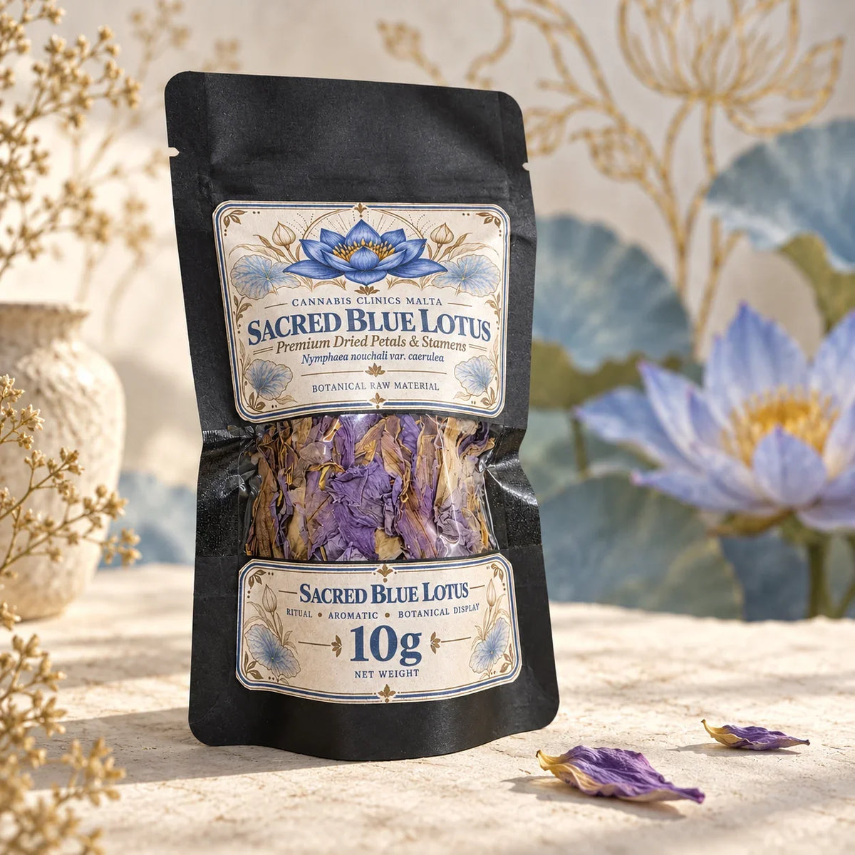 Angled view of 10g Sacred Blue Lotus dried petals and stamens pouch
