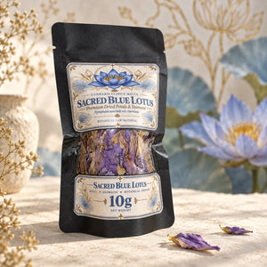 Angled view of 10g Sacred Blue Lotus dried petals and stamens pouch
