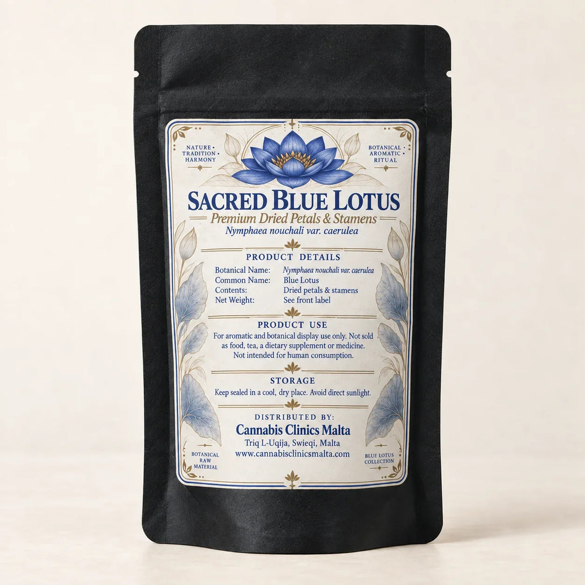 10g Sacred Blue Lotus dried petals and stamens pouch back label by Cannabis Clinics Malta
