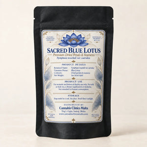 10g Sacred Blue Lotus dried petals and stamens pouch back label by Cannabis Clinics Malta