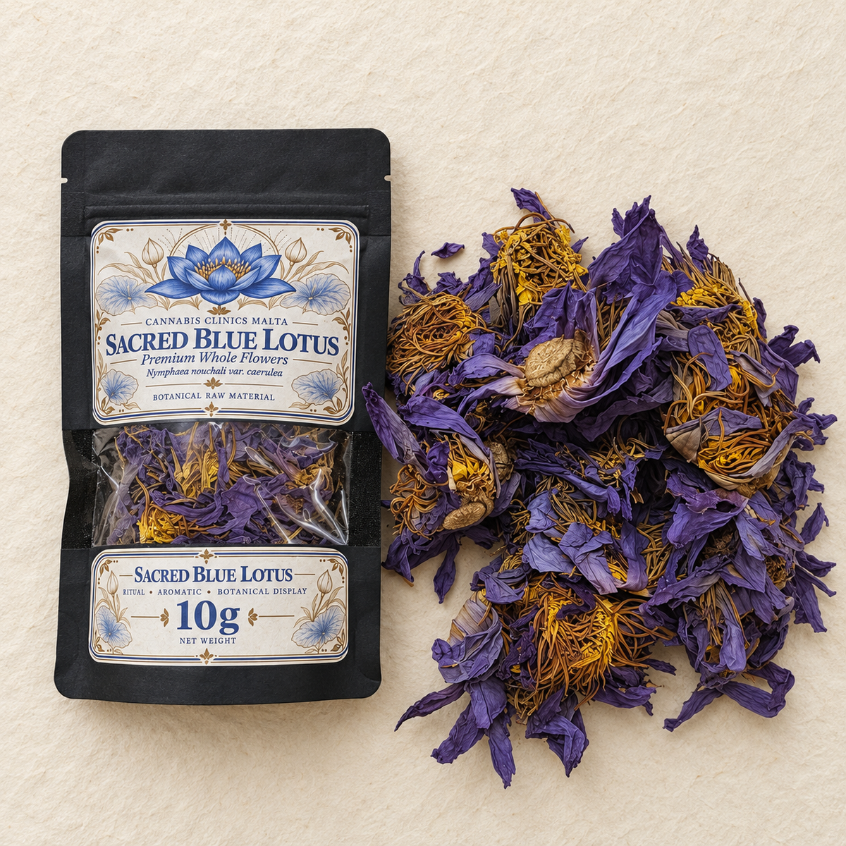 10g Sacred Blue Lotus pouch with dried whole Blue Lotus flowers