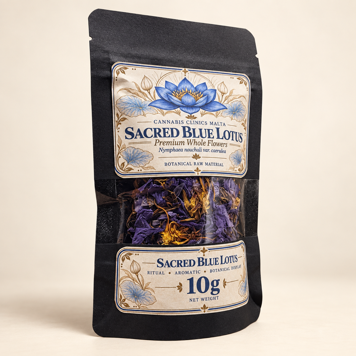 Angled view of 10g Sacred Blue Lotus whole flowers pouch
