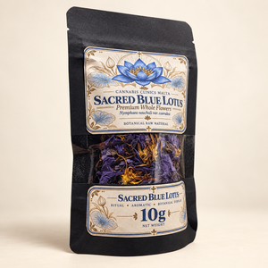 Angled view of 10g Sacred Blue Lotus whole flowers pouch