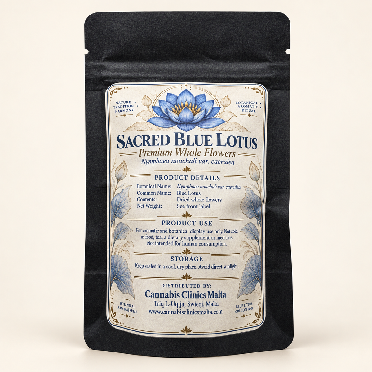 Back label of 10g Sacred Blue Lotus whole flowers pouch
