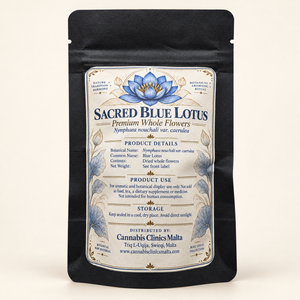 Back label of 10g Sacred Blue Lotus whole flowers pouch