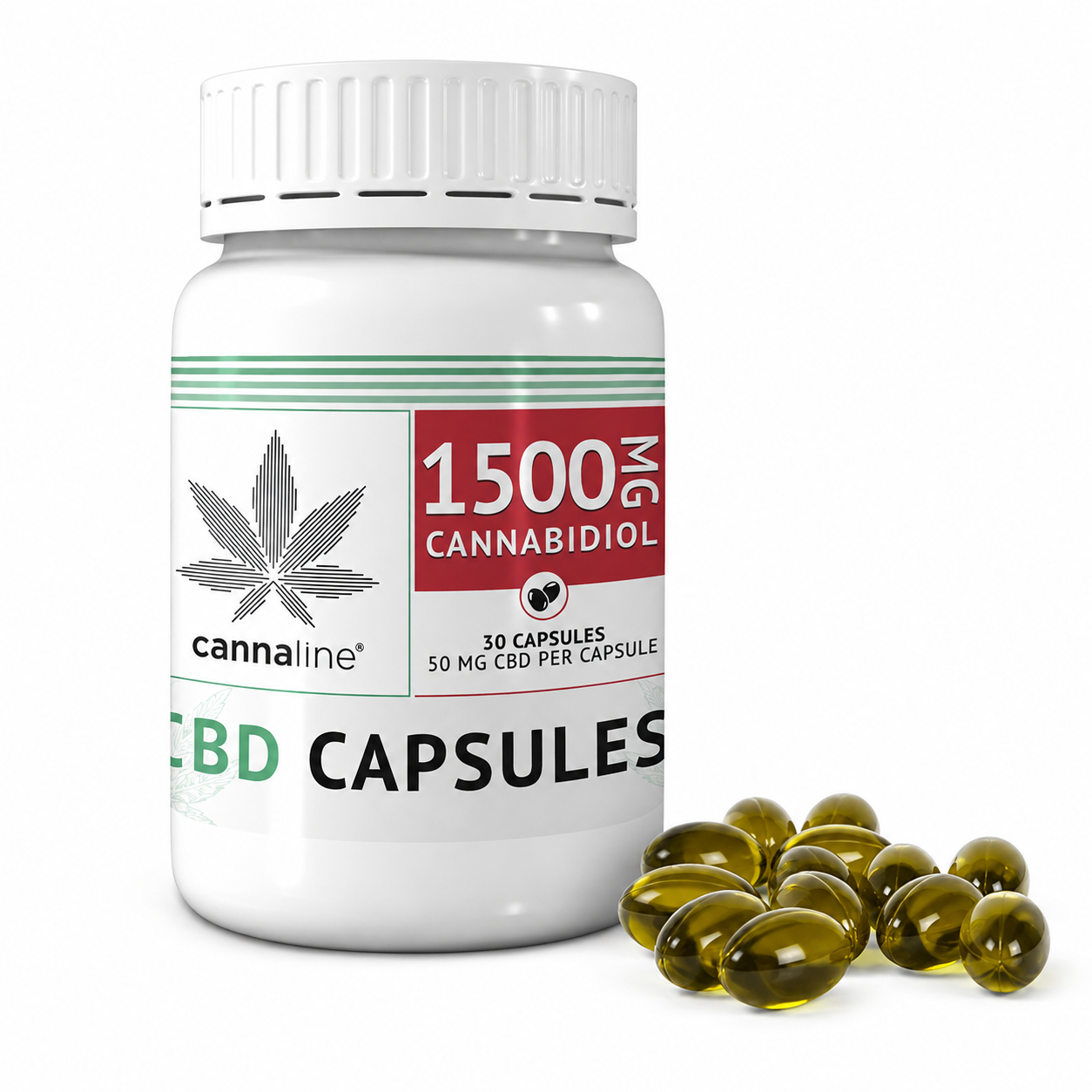 Cannaline 1500mg CBD Capsules with 50mg CBD capsules displayed