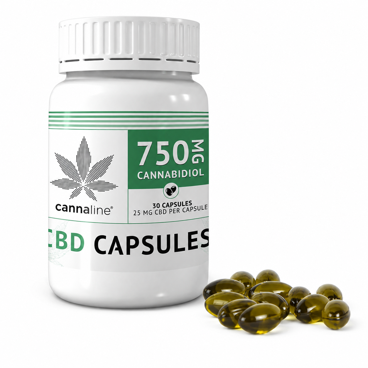 Cannaline 750mg CBD Capsules with 25mg CBD capsules displayed