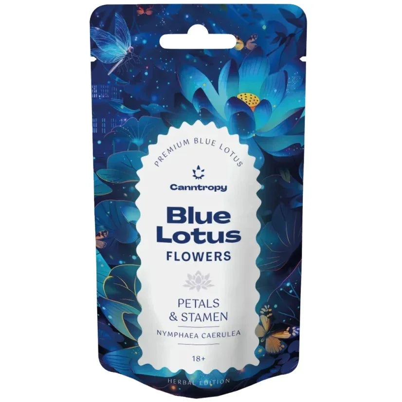 Canntropy Blue Lotus Petals and Stamens 10g pouch, labelled Nymphaea caerulea