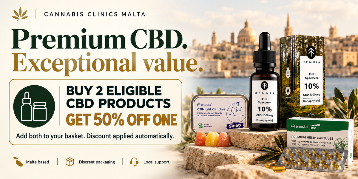 Cannabis Clinics Malta: buy two eligible CBD products and get 50% off one. Add both to your basket for the automatic discount.