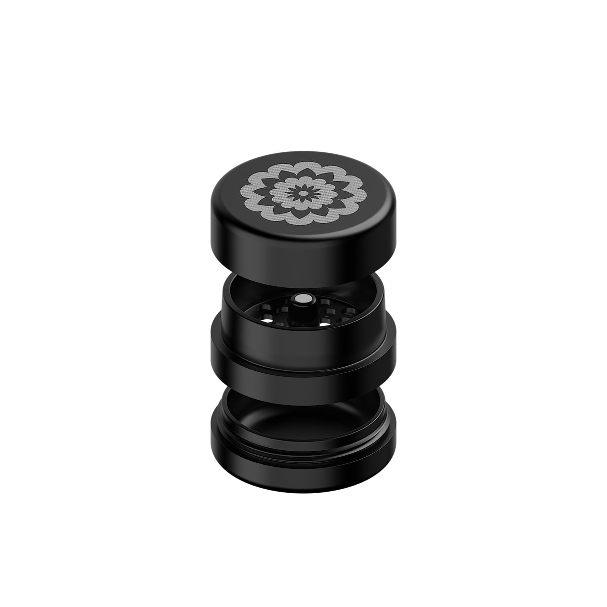 Flower Mill Next Gen Standard 2.0-inch black showing the lid, milling chamber and lower catch