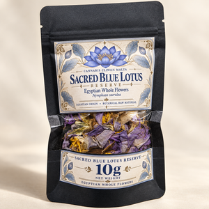 Sacred Blue Lotus Reserve pouch detail showing dried whole flowers