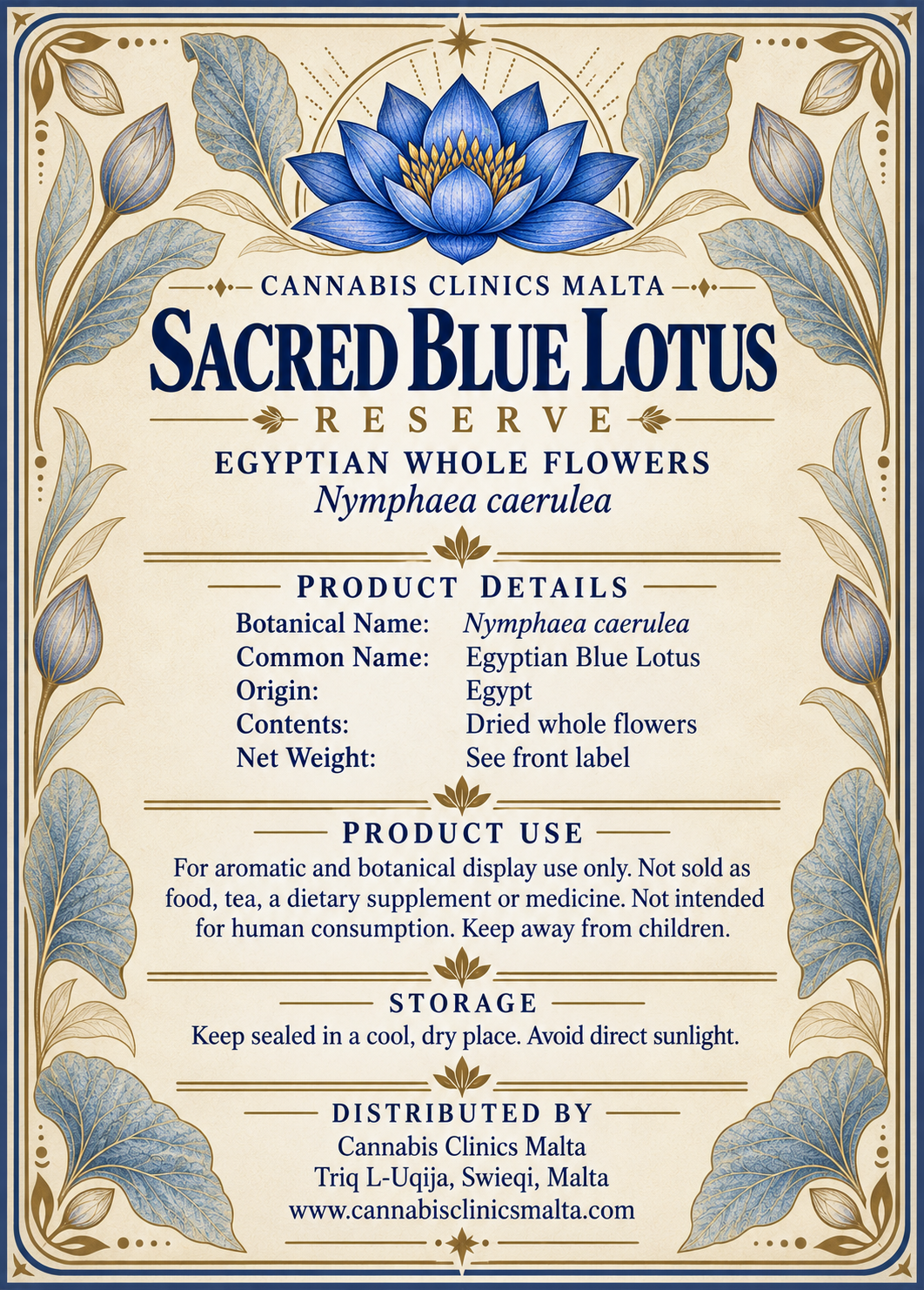 Product details and storage label for Sacred Blue Lotus Reserve Egyptian whole flowers