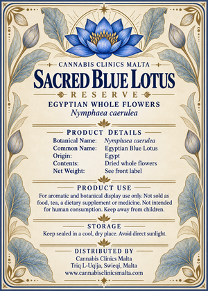 Product details and storage label for Sacred Blue Lotus Reserve Egyptian whole flowers