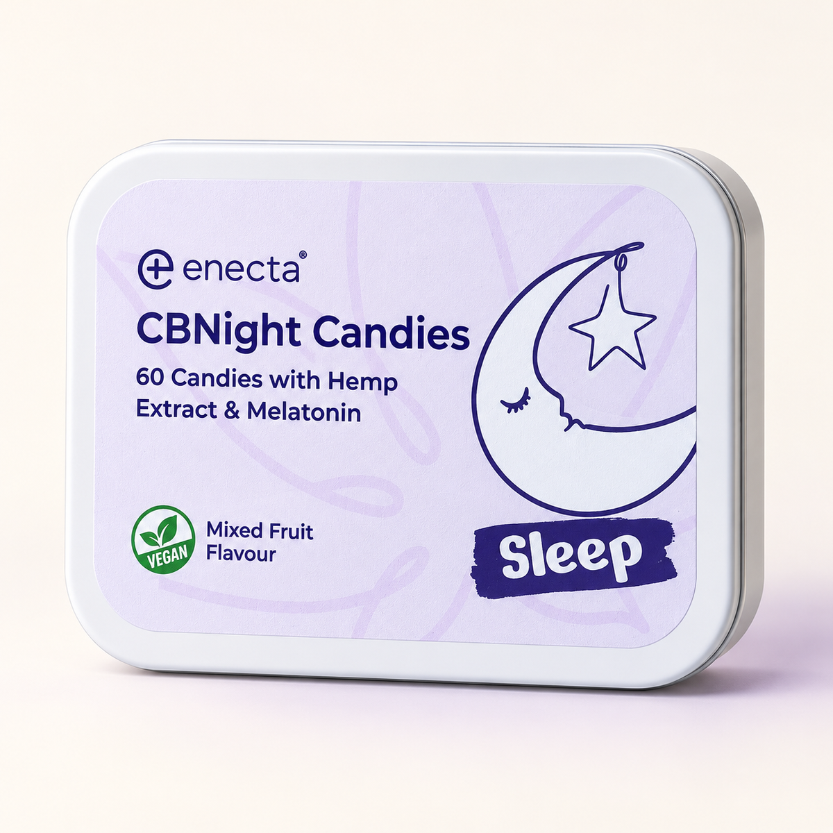 Updated Enecta CBNight Candies metal tin with 60 mixed-fruit candies, hemp extract and melatonin.