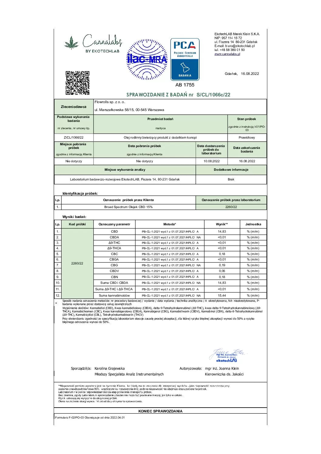 Flowrolls CBD oil 15% laboratory analysis showing cannabinoid profile and CBD content