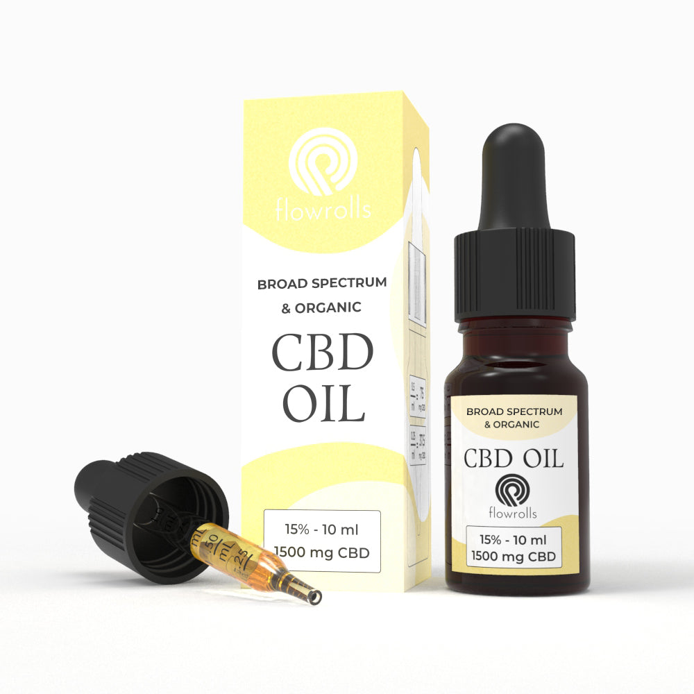 Flowrolls broad spectrum CBD oil 15% 1500mg 10ml with box and graduated dropper
