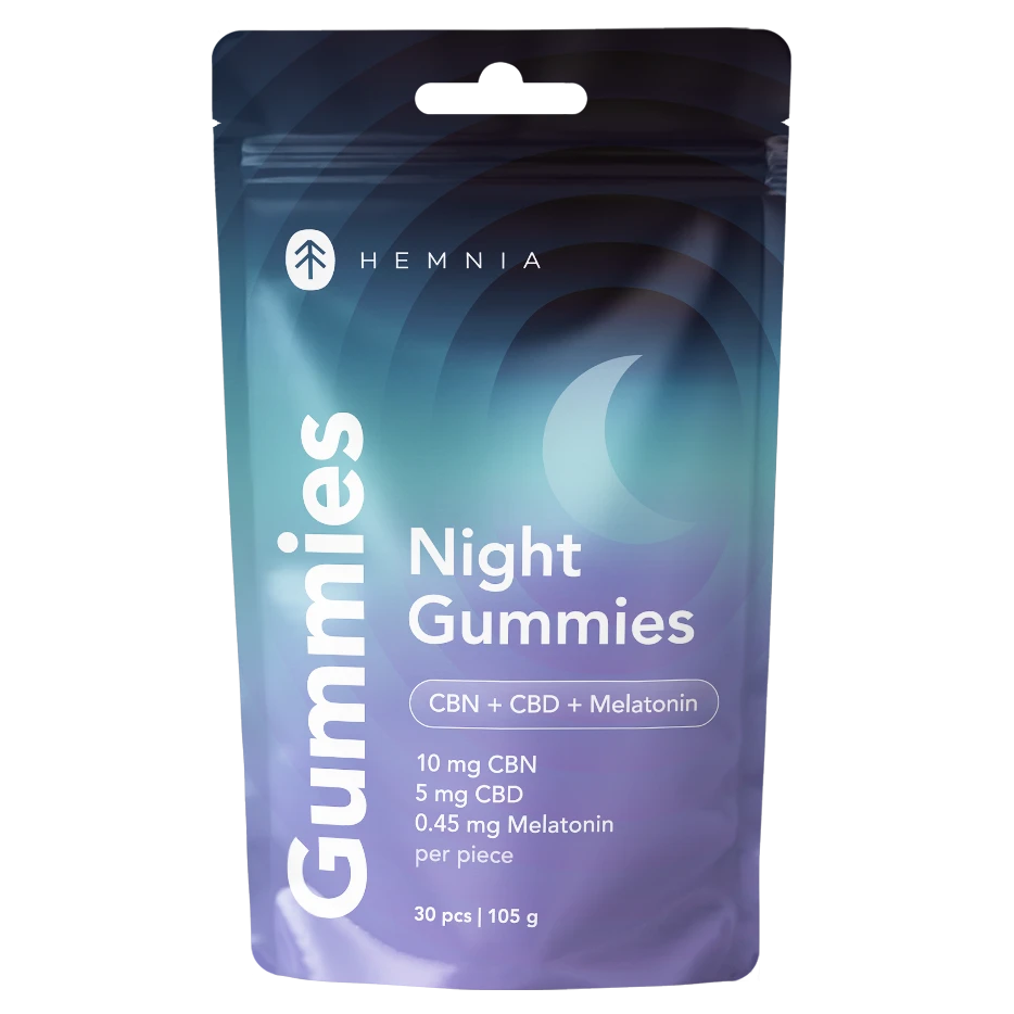 Hemnia Night Gummies pouch labelled CBN, CBD and melatonin, containing 30 pieces and 105 g.