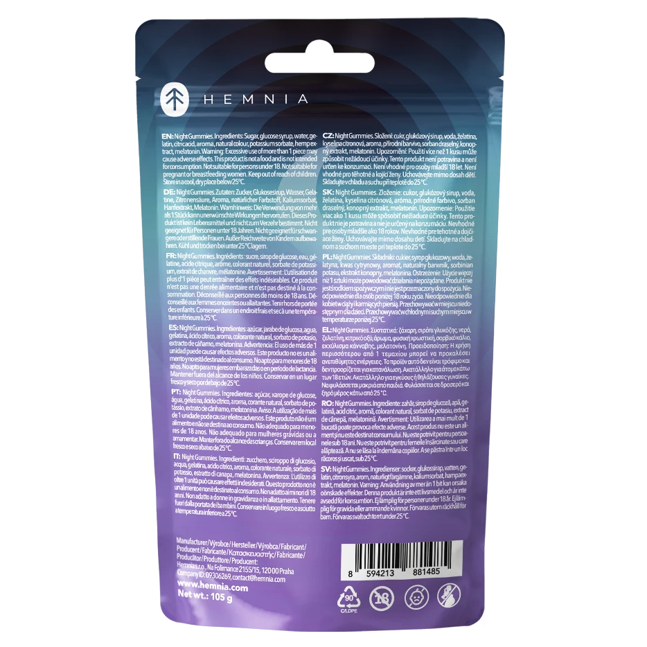 Back of Hemnia Night Gummies pouch showing ingredients, storage instructions, warnings and barcode.