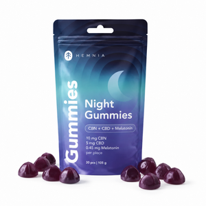 Hemnia Night Gummies pouch with purple gummies arranged in front on a white background.