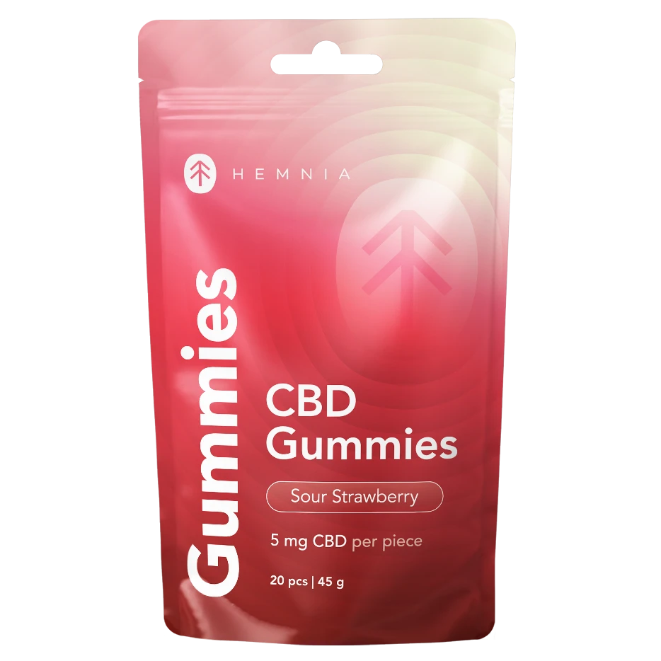 cbd-gummies-20-pieces.webpHemnia Sour Strawberry CBD Gummies pouch labelled 5 mg CBD per piece, 20 pieces and 45 g.