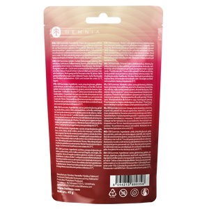 Back of Hemnia Sour Strawberry CBD Gummies pouch showing ingredients, warnings and barcode.