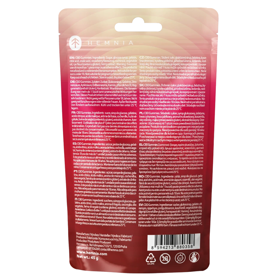 Back of Hemnia Sour Strawberry CBD Gummies pouch showing ingredients, warnings and barcode.