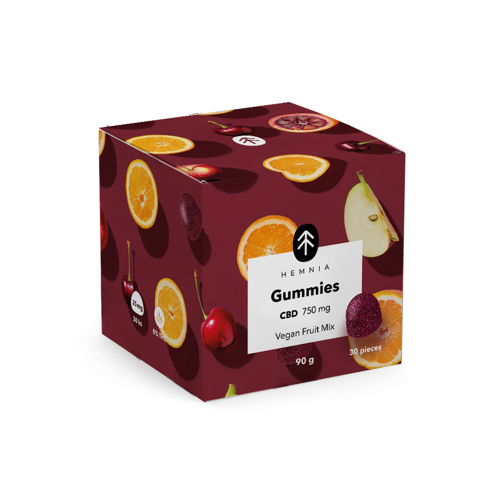 Angled view of Hemnia Vegan Fruit Mix CBD Gummies carton showing the 750 mg CBD and 90 g labels.