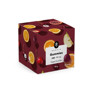 Angled view of Hemnia Vegan Fruit Mix CBD Gummies carton showing the 750 mg CBD and 90 g labels.