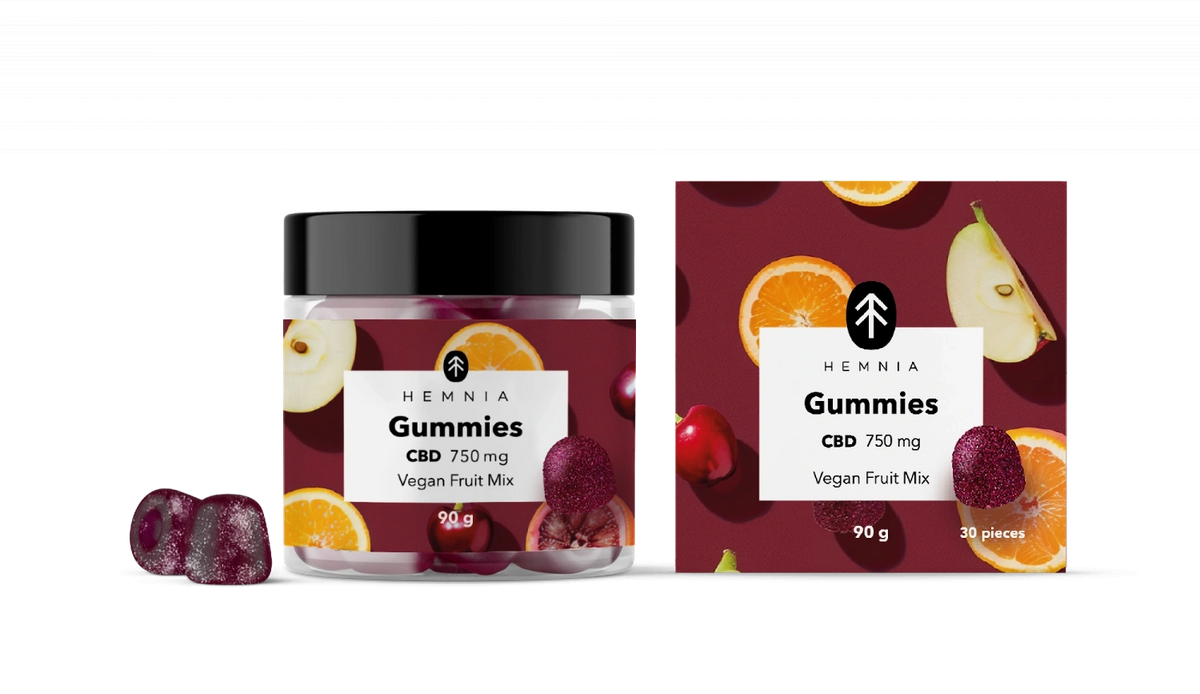fruit-mix-750mg-jar.webpHemnia Vegan Fruit Mix CBD Gummies jar and carton labelled 750 mg CBD, 30 pieces and 90 g.