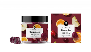fruit-mix-750mg-jar.webpHemnia Vegan Fruit Mix CBD Gummies jar and carton labelled 750 mg CBD, 30 pieces and 90 g.