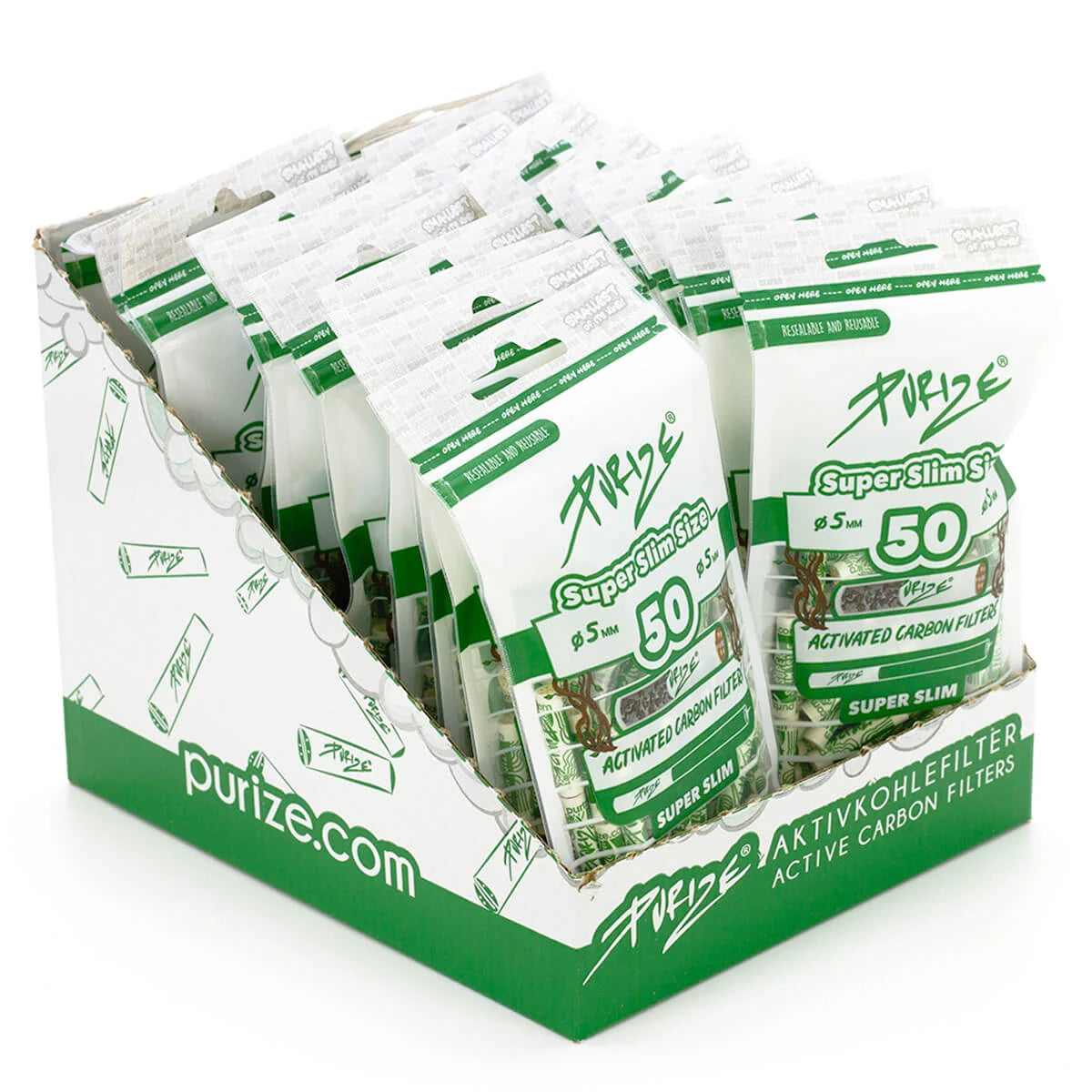 PURIZE Super Slim Activated Carbon Filters 50-pack retail display box containing multiple resealable pouches