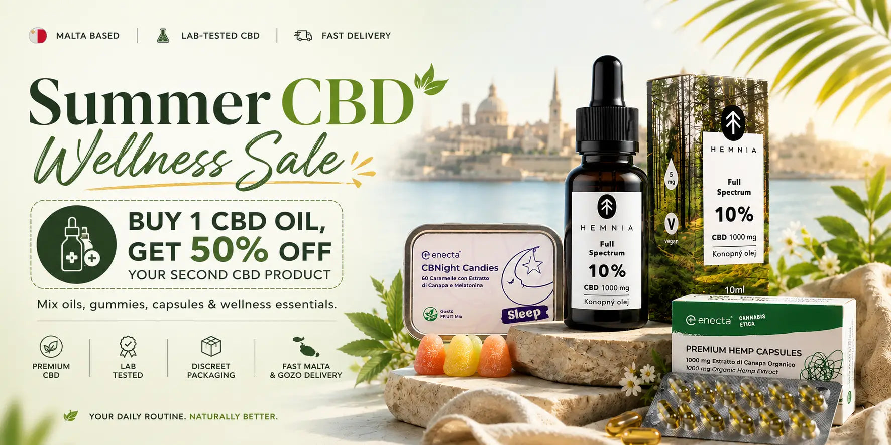 Summer CBD Wellness Sale at Cannabis Clinics Malta featuring CBD oil, gummies and capsules with Malta delivery and lab-tested wellness products