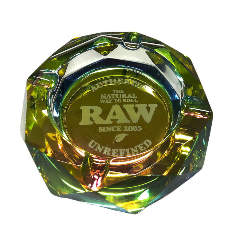 RAW prism ashtray rainbow thick glass heavy premium ashtray RAW logo close up