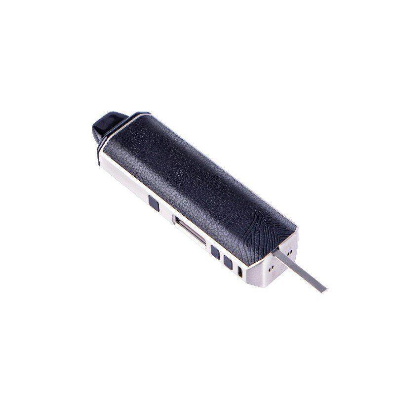 Portable dry herb vaporizer with black textured finish and built-in tool on white background