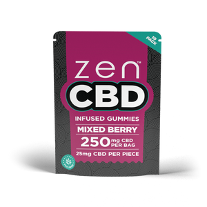 ZEN Mixed Berry CBD Gummies pink pouch labelled 250 mg CBD per bag and 25 mg per piece, 10 pack.