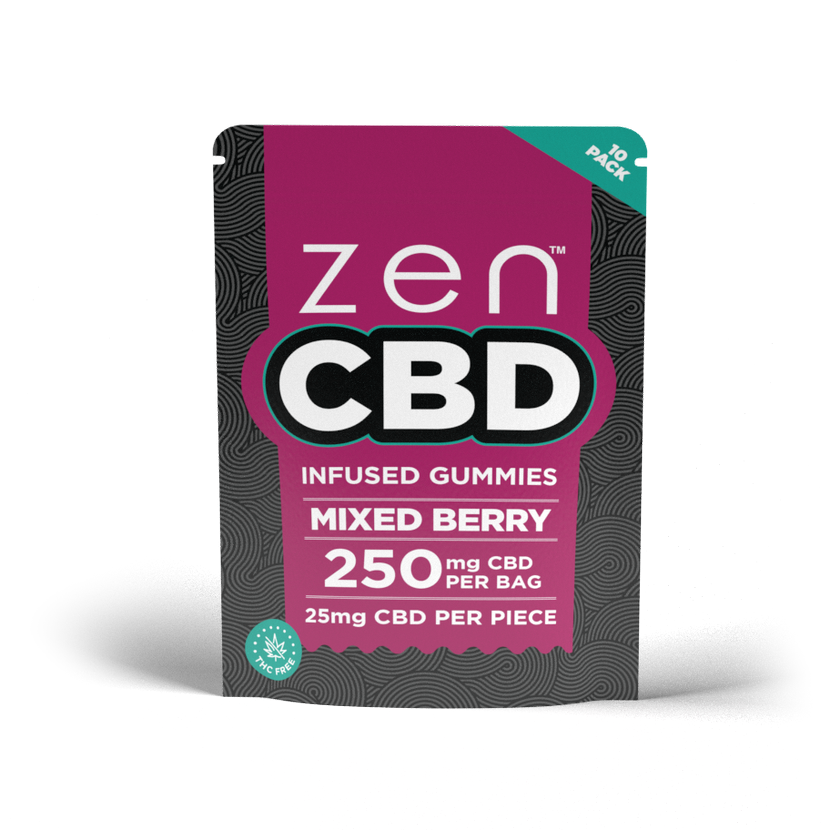 ZEN Mixed Berry CBD Gummies pink pouch labelled 250 mg CBD per bag and 25 mg per piece, 10 pack.