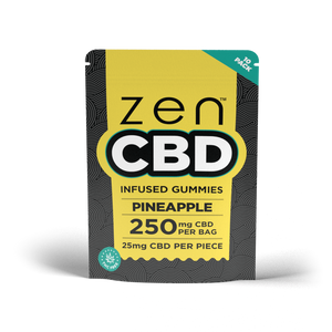 ZEN Pineapple CBD Gummies yellow pouch labelled 250 mg CBD per bag and 25 mg per piece, 10 pack.