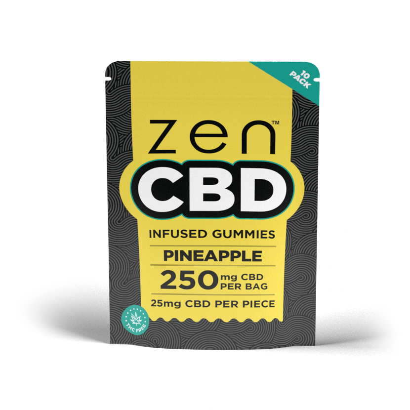 ZEN Pineapple CBD Gummies yellow pouch labelled 250 mg CBD per bag and 25 mg per piece, 10 pack.